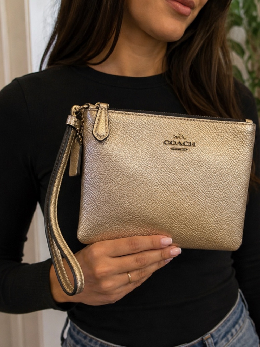 Coach Metallic Gold Pebbled Leather Wristlet Clutch
